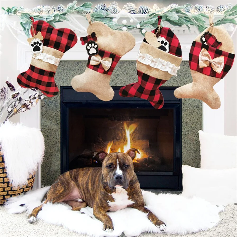 

Plaid Christmas Stocking For Pet Buffalo Plaid Black And Red Checker Dog Bone Fish Shape For Puppy Kitty Cat With Bow