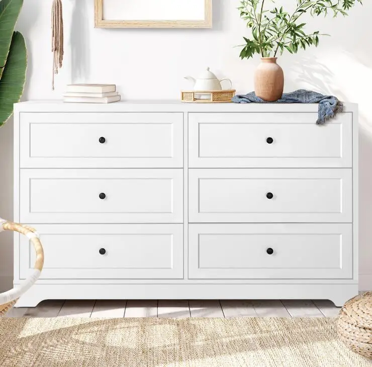 xx-Modern Oak White 6 Drawers Chest Cabinet Bedroom Dresser Wooden Living Room Cabinet Chest
