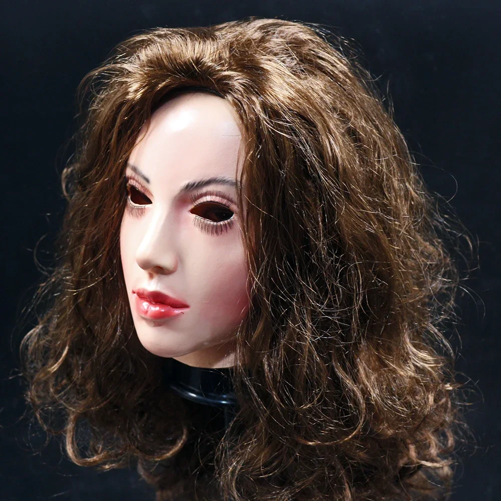 Realistic Latex mask Female Woman Face Halloween Latex Mask with Wig Lady Crossdressing Sissy Transgender Costume 5