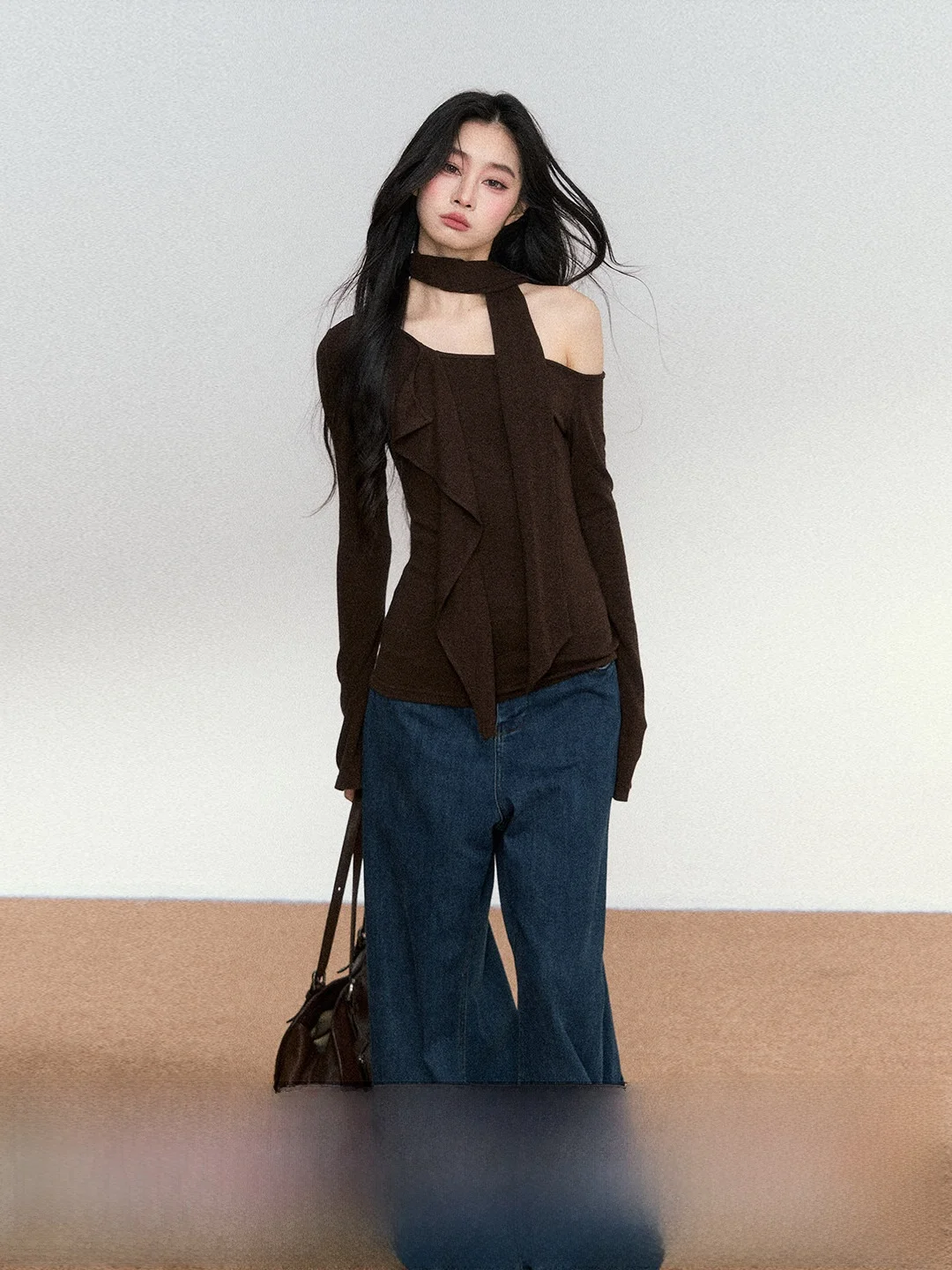 

RedBling Original Design Long Sve Asymmetrical oulder Slim Fit Knitted Sweater for Women Casual Sle Brown Base Layer