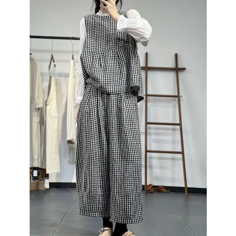 Casual Pants Set Loose Vintage Plaid Sleeveless O-neck Vests and Straight Pants Summer Korean Style Two Piece Set Women Outfits