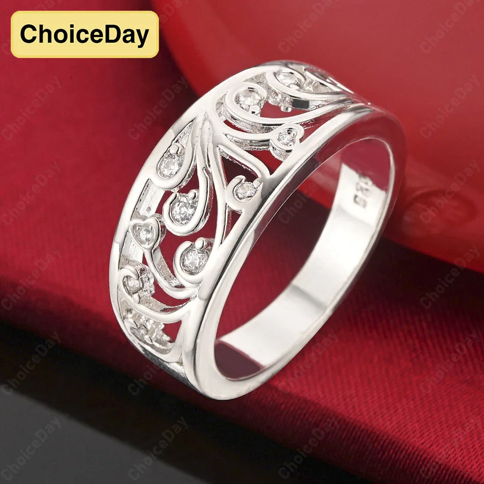 

ChoiceDay Luxury 925 Sterling Silver 7-10 Exquisite Zircon Hollow Ring Women's Party Elegant Jewelry Accessories Gift