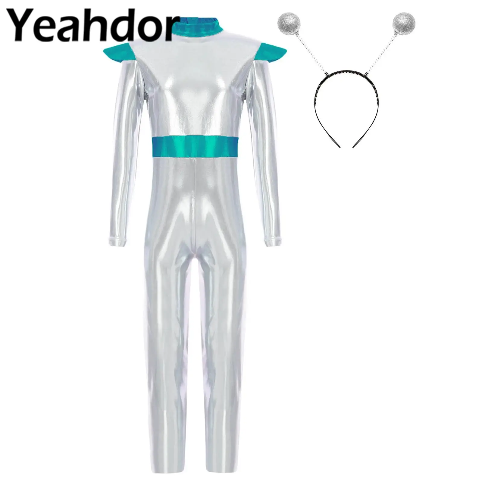 Kids Girls Alien Costume Space Man Holographic Jumpsuit Bodysuit Halloween Outer Space Fighter Fancy Party Carnival Dress Up