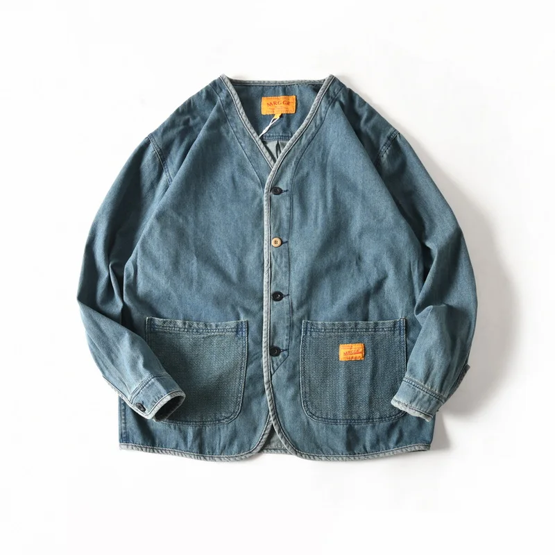Amekaji American Vintage 100% Cotton Washed Collarless Loose Casual Denim Jacket for Men Autumn V-neck Distressed Outerwear