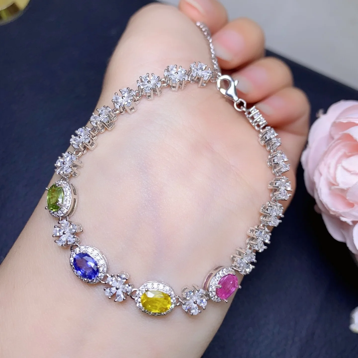 Natural Multi Color Sapphire Bracelet 4*6mm Oval Stone S925 Silver Luxury Women Wrist Jewelry