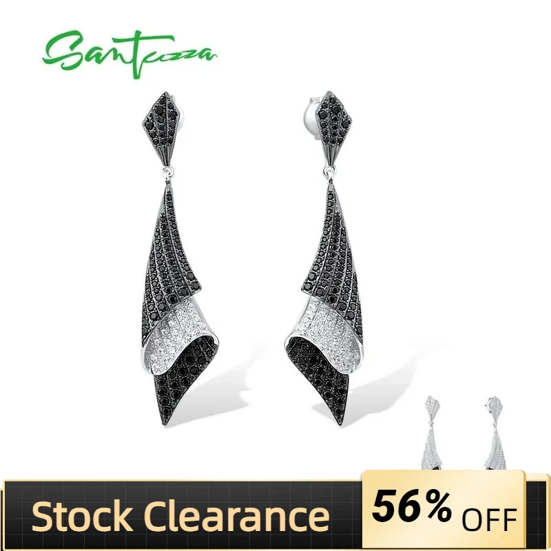 

SANTUZZA Silver Earrings For Woman Genuine 925 Sterling Silver Folded Black Spinel White Cubic Zirconia Classical Fine Jewelry