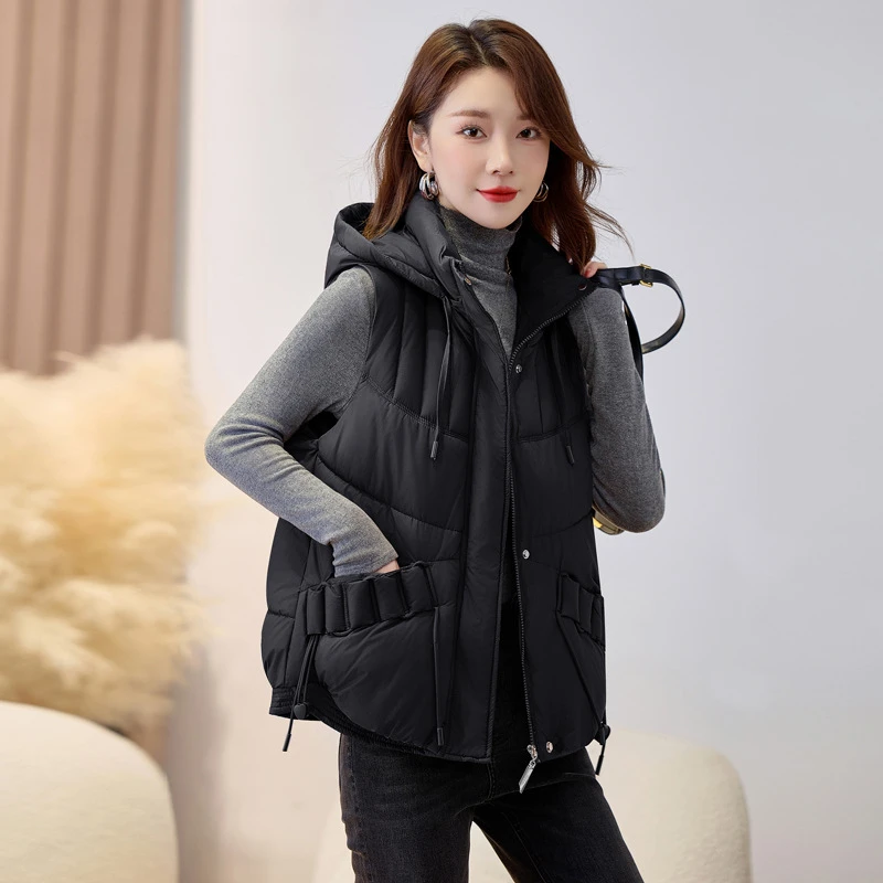 جديد خريف وشتاء 2025 صدرية نسائية فضفاضة مبطنة بجيب حبل مع قلنسوة وياقة ثابتة وسترات قصيرة من القطن #5