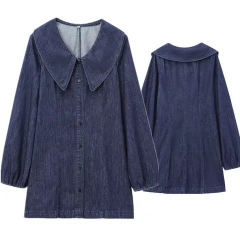 Maxdutti Minimalist Women's Retro Doll Neck Dress Winter Long Sleeved Single Breasted Straight Denim Dress Mini Dress Women