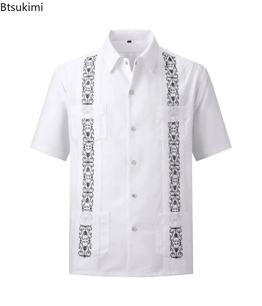 2026 Men's Guayabera Shirts Zipper Lapel Traditional Casual Short Sleeve Shirt Fashion Embroidered Four Pocket Cuban Shirts Male