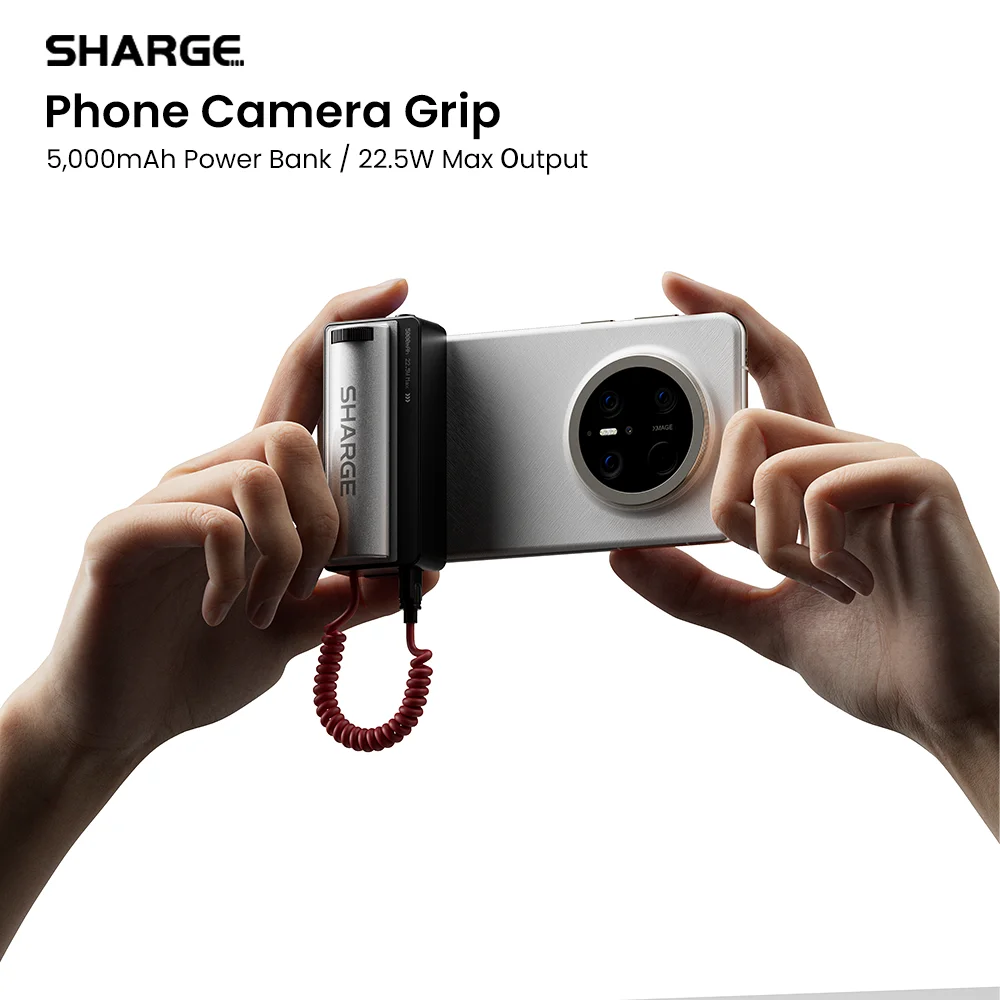 SHARGE Phone Camera Grip 5000mAh Power Bank Built-in USB-C Cable & Wireless Shutter Button Compatible with iPhone 17/16 Android