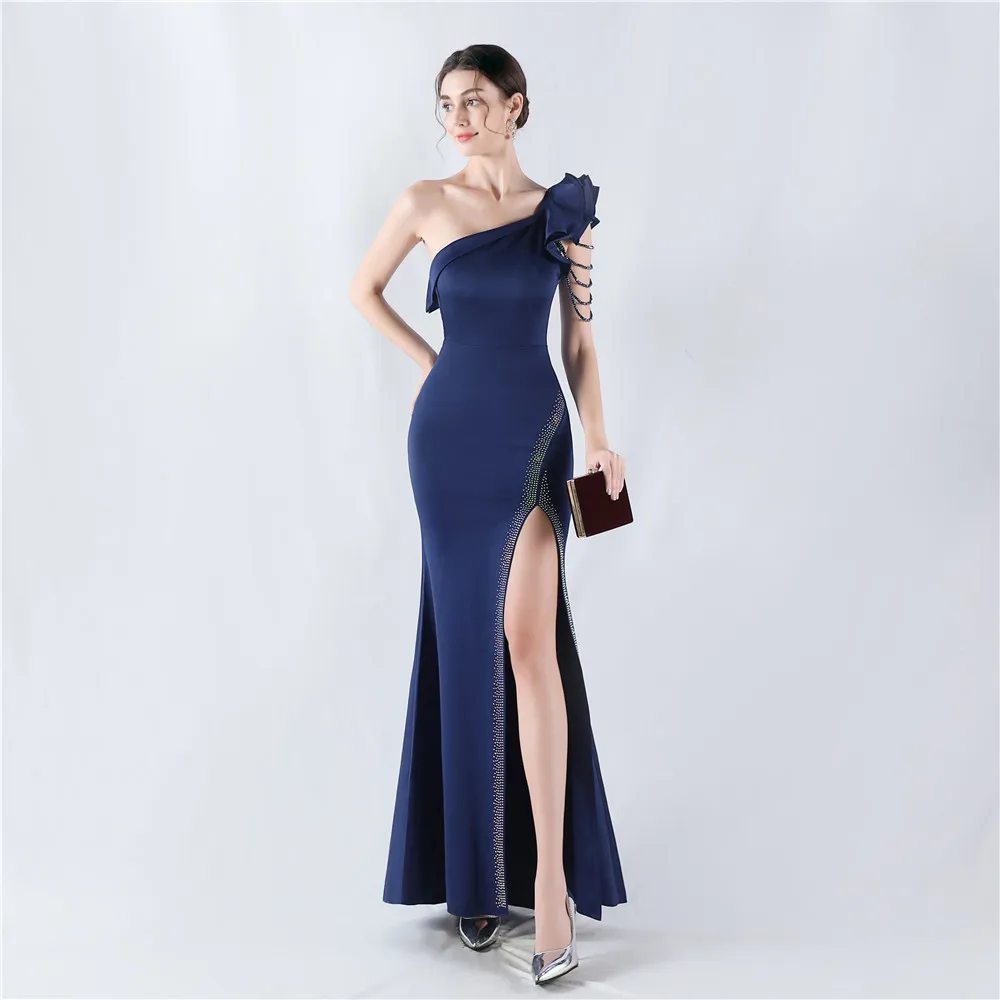 Customized Women's  One Shoulder  High Split Hot Drilling Formal  Mermaid Dress Evening Gown