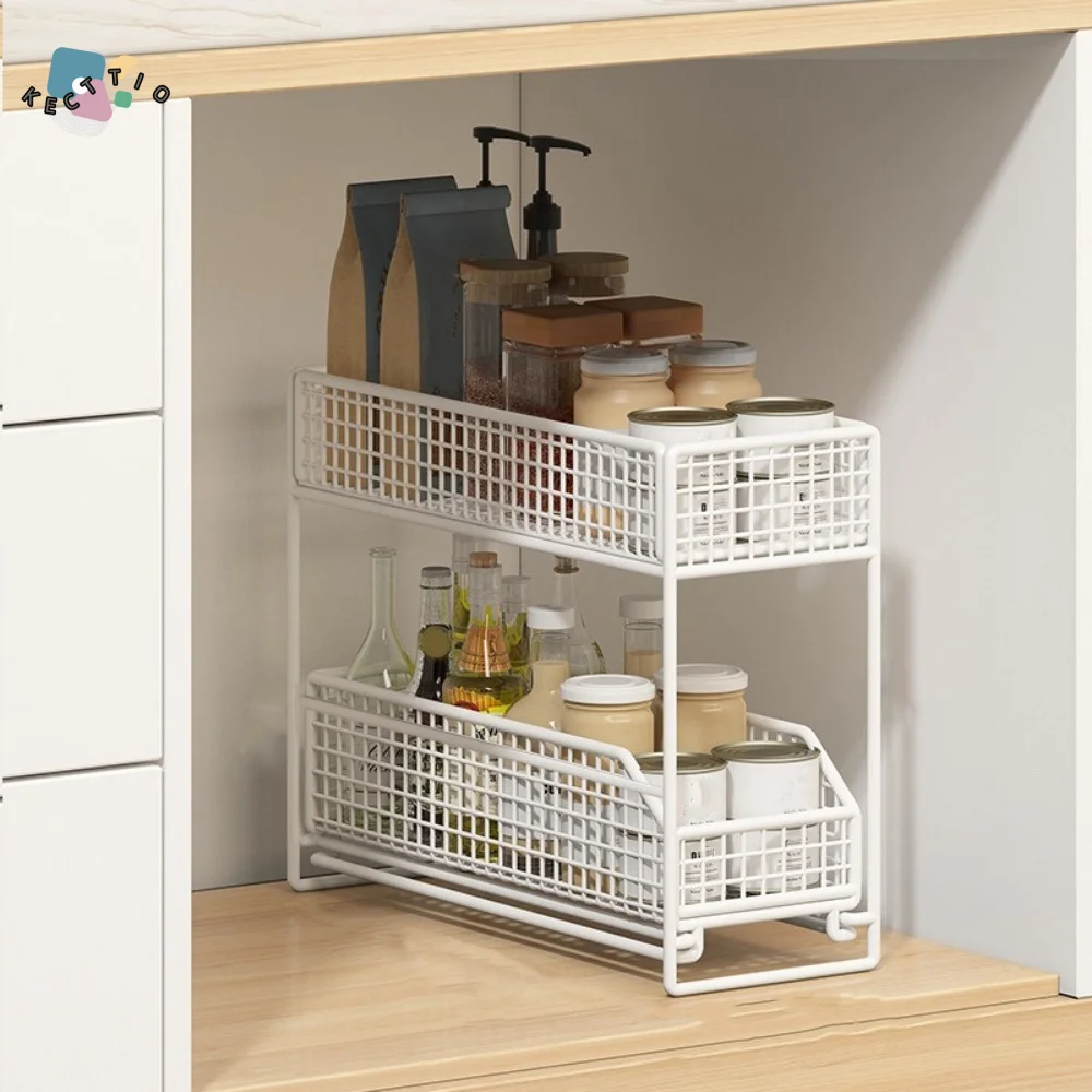 

Modern Iron 2 Tier Storage Basket Large Capacity Space Saving Pull Out Storage Rack Stable Frame Under Sink Organizer Bathroom