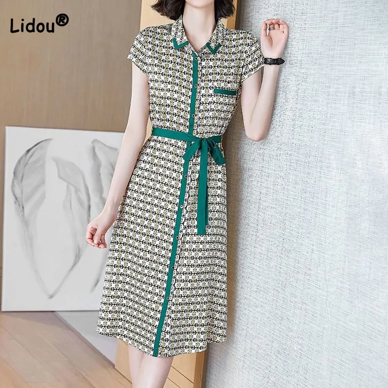 

Elegant Casual Women's Printing Lace Up Midi Dresses Summer Female Clothing Fashion Single-breasted Loose Short Sleeve Dress