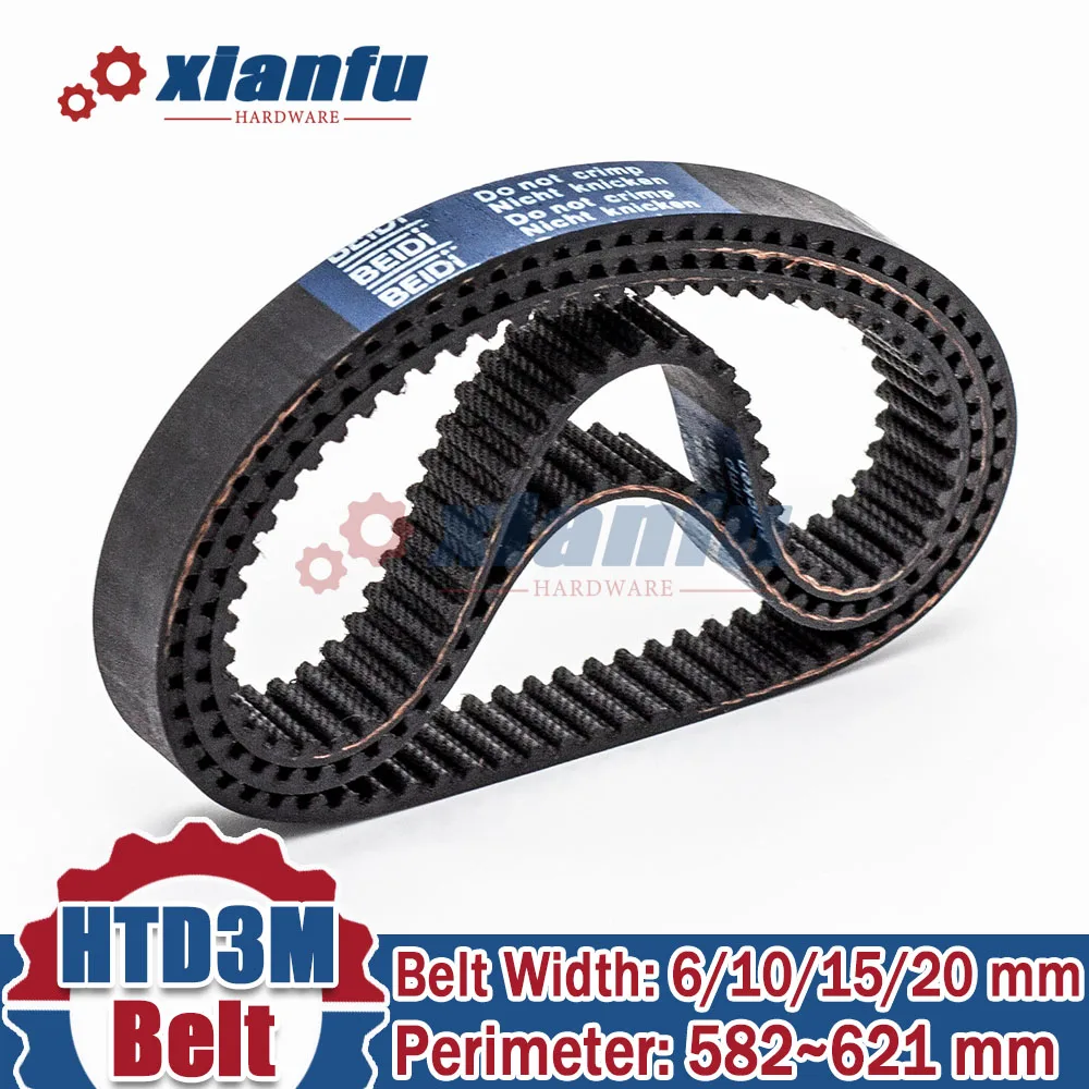 

HTD 3M Timing Belt Closed Loop Rubber Width 6/10/15/20mm Lp=582 585 588 591 594 597 600 603 606 609 612 615 618 621mm Perimeter