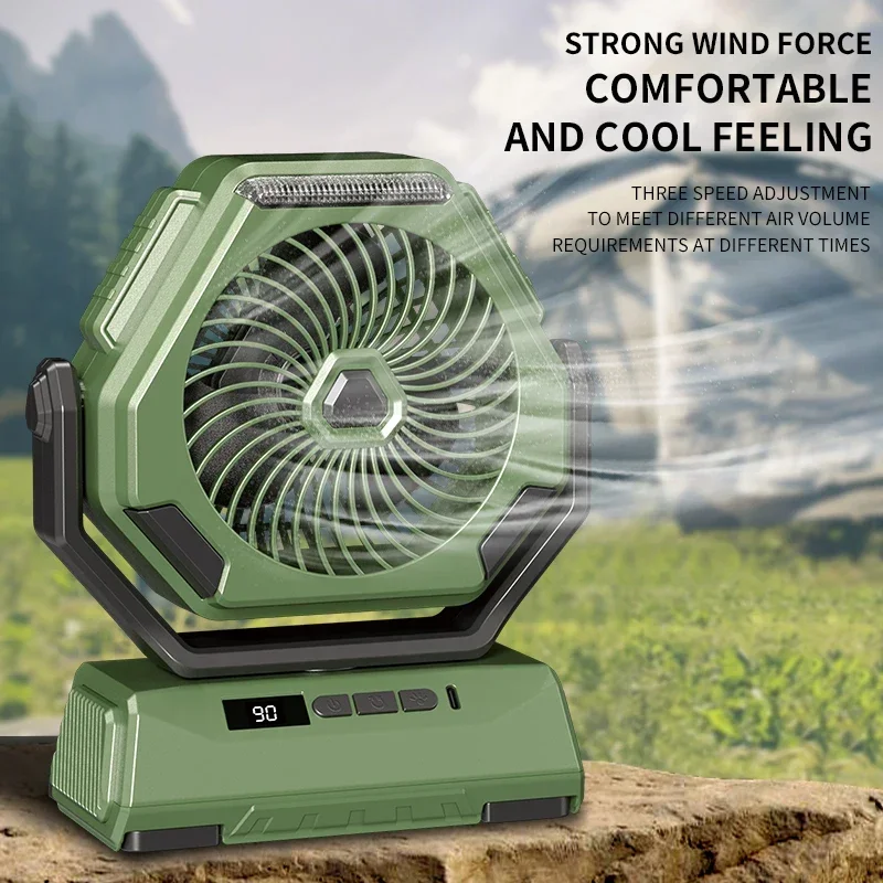 Ventilador recarregável com teto de cabeça agitável Ventilador oscilante, Ar condicionado portátil, Ventilador de acampamento ao ar livre, Refrigerador de ar com iluminação