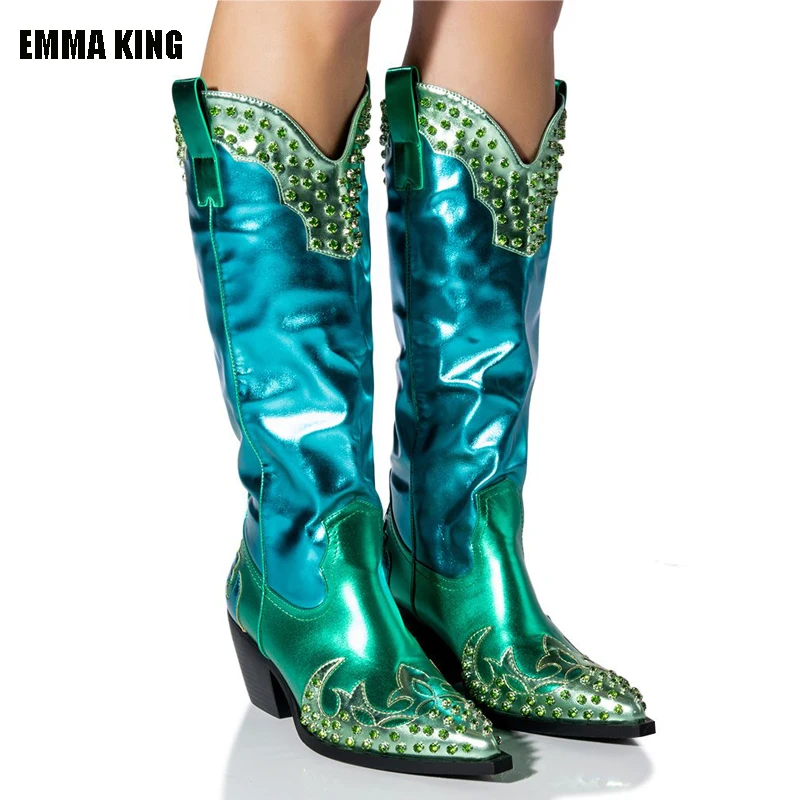 2023 Fashion Blue Rivets Knee High Boots Attractive Pointed Toe Zipper Fashion Handmade Sewing Boots Thin Heel Boots 44