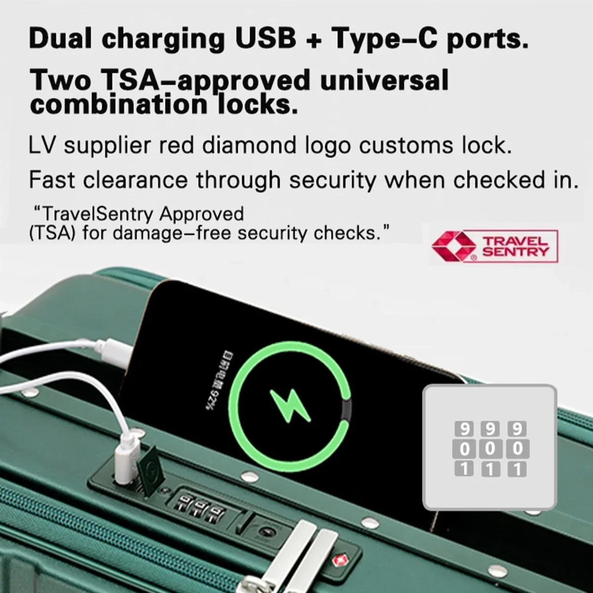 LightGO 23KG TSA Approvato CABIN Carry On Valigia per bagagli a doppia apertura USB + TYPE-C Ricarica Moda Viaggi d'affari