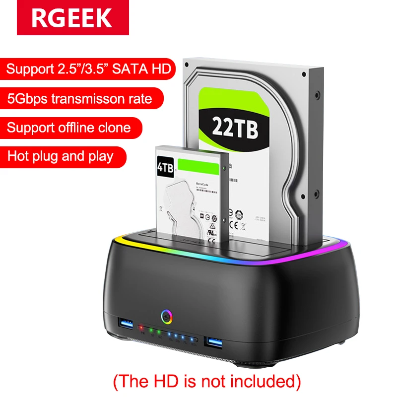 

RGEEK 7 IN 1 Dual-bay Hard Drive Station HD Enclosure USB3.0 5Gbps SATA HDD Docking Station for 2.5/3.5" HDD/SSD offline clone