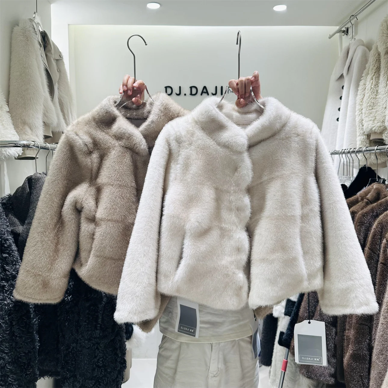 Women's Autumn Winter Faux Mink Hair Long Sleeve Single Breasted Loose Coat Lady Elegant Stand Collar Warm Faux Fur Outwear