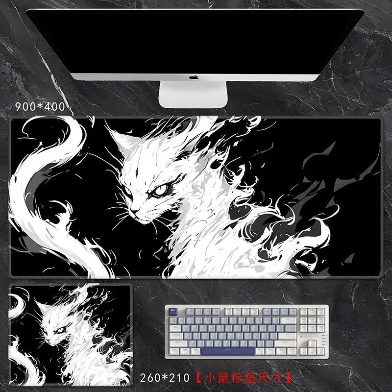 ミニマリスト美的猫大型マウスパッド - XXL 厚いデスクマット オフィス用、ブラックキャットキーボードカバー ラップトップ用 (滑り止め)