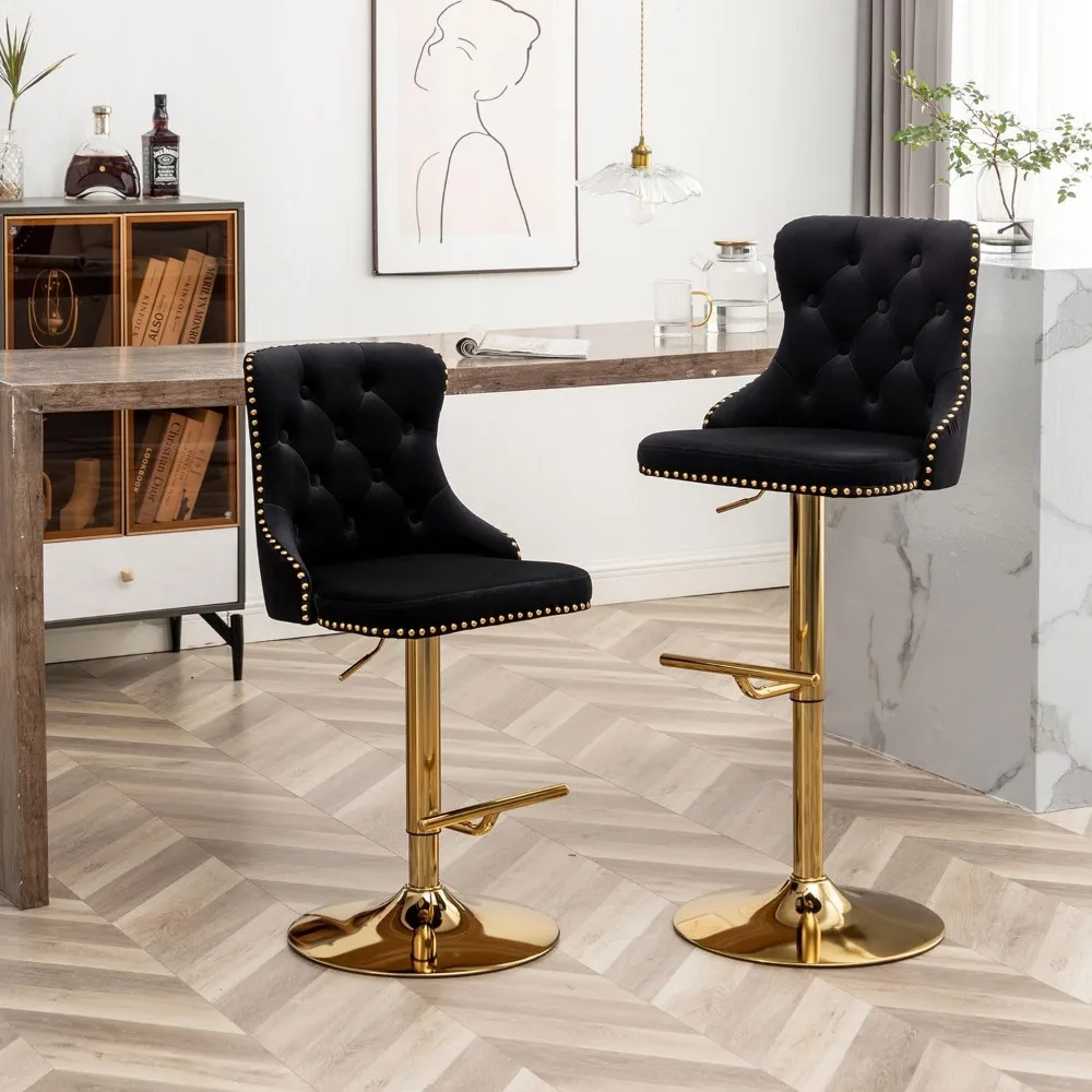 Ensemble de 2 tabourets de bar pivotants en velours doré, hauteur de comptoir avec bouton et garniture de têtes de clous, chaises d'îlot de cuisine