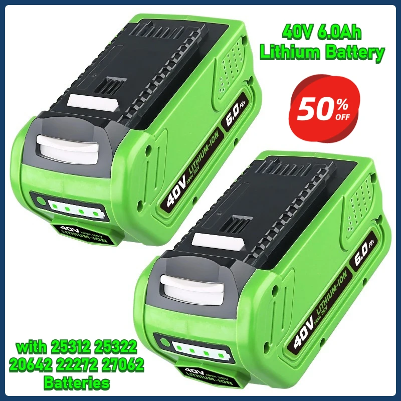 

40V 6.0Ah Lithium Battery Replacement for GreenworksG-Max Power Tools Compatible with 25312 25322 20642 22272 27062 Batteries
