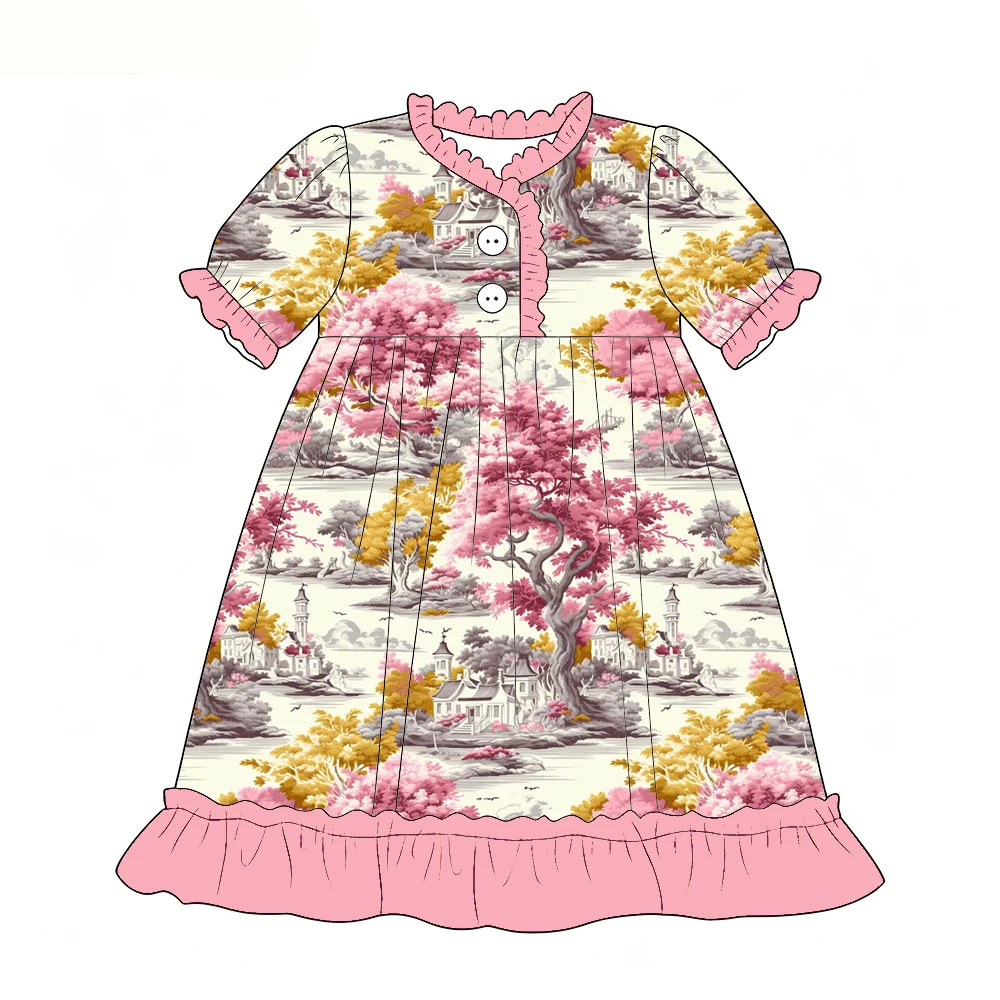 Boutique Girls dress Short-sleeved ruffled buttons tree cartoon print Casual Everyday Wear kids custom