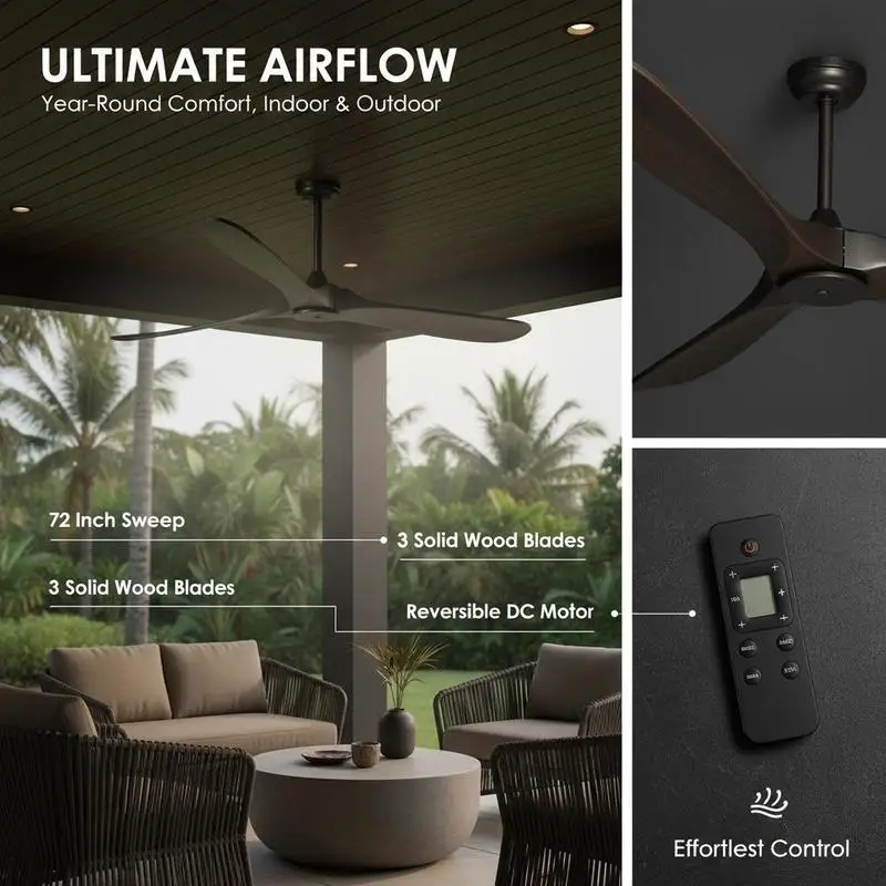 Modern Ceiling Propeller 72 Inch For Bedroom Living Room Patio 3 Wood Blades Reversible DC Motor 6-Speed Remote Control Low Profile Flush Mount Black Interior Exterior Hardware