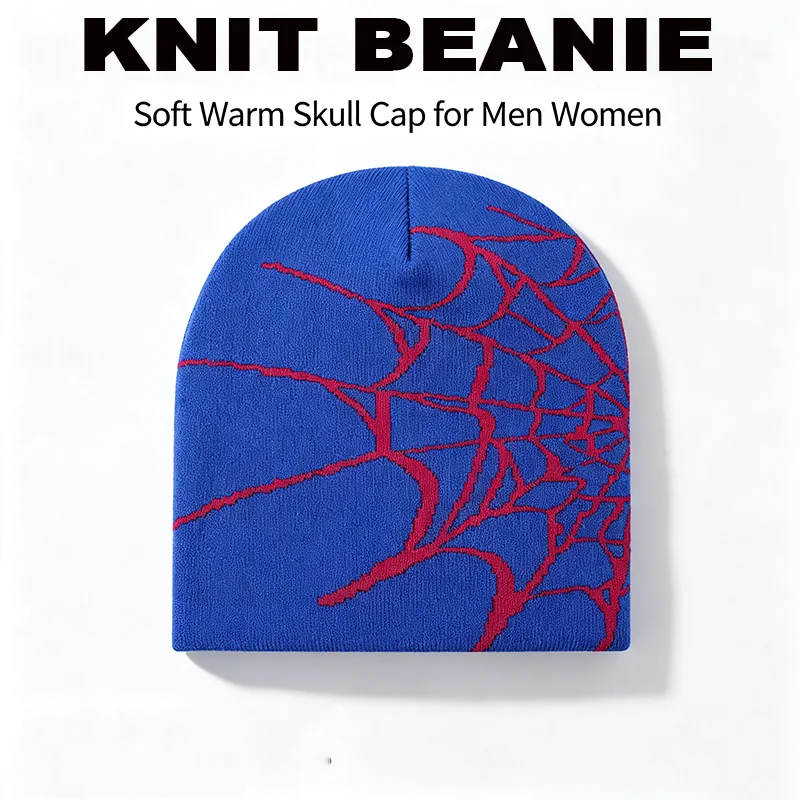 Unisex Spider Web Pattern Knitted Beanie Winter Thermal Soft Stretch No Brim Warm Skull Hat for Men Women Street Outdoor Wear