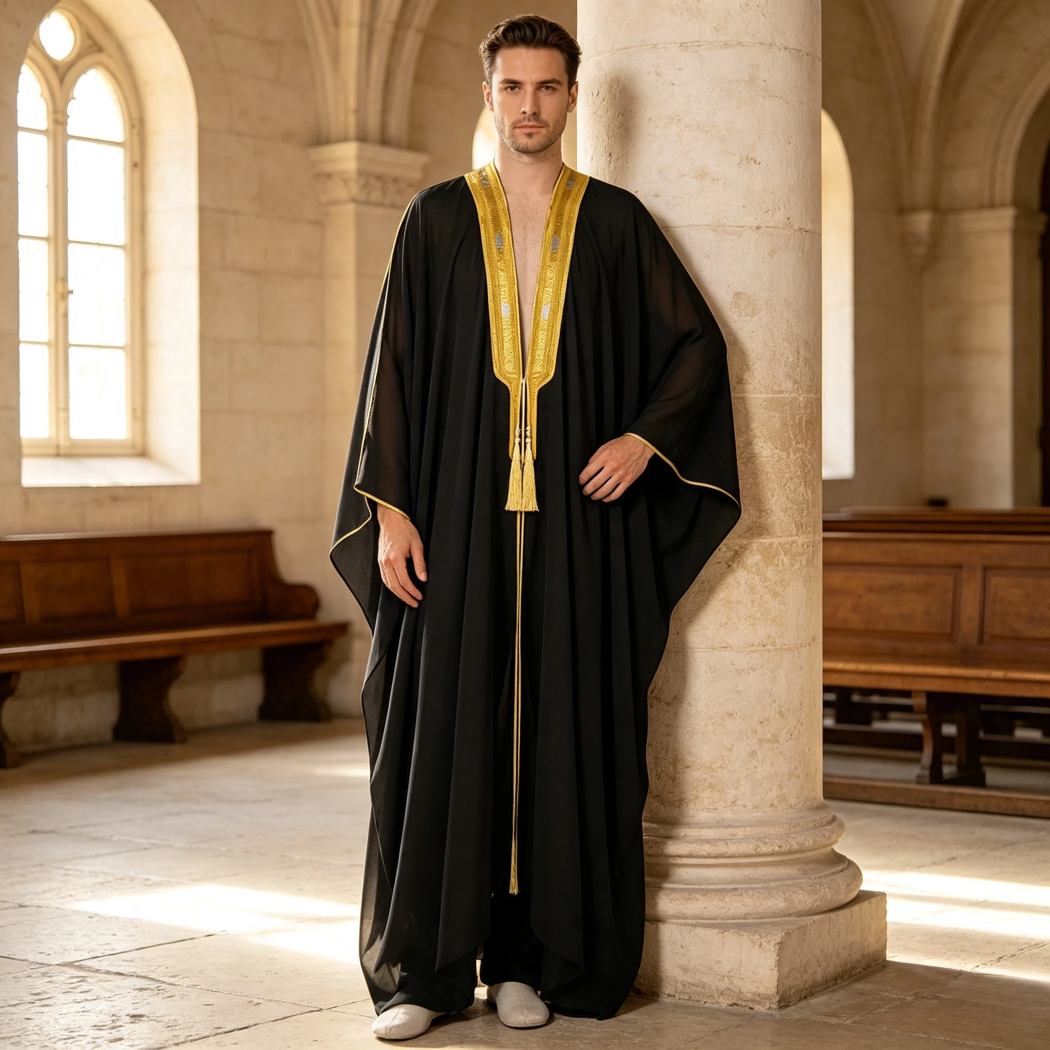 Elegant Men Solid Color Chiffon Open Cardigan Noble Prince Traditional Outer Wrap Loose Fit Daily Attire Theater Performance Fit