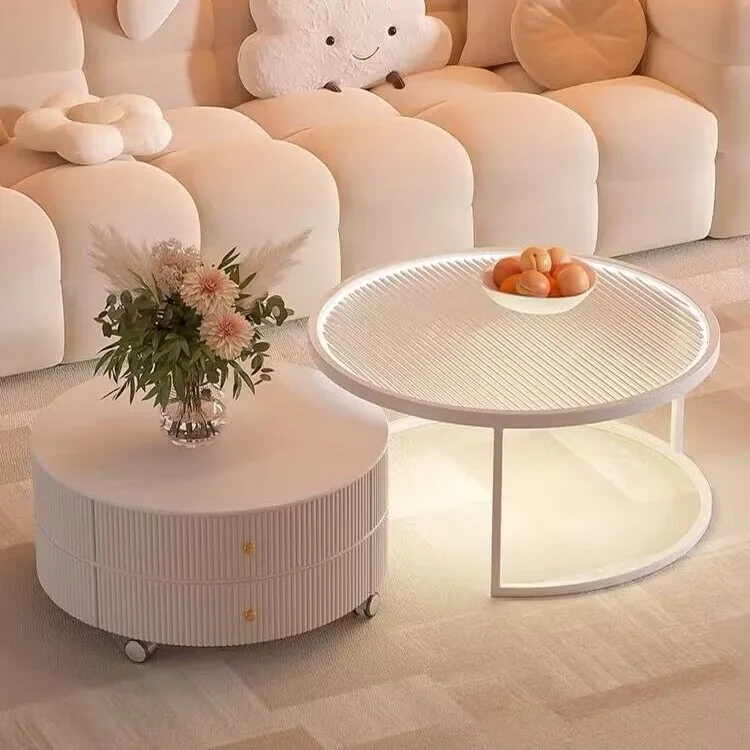 

Cream Wind Net Red Rock Plate Tea Table Living Room Small Unit Household Portable Simple Round Glass Table