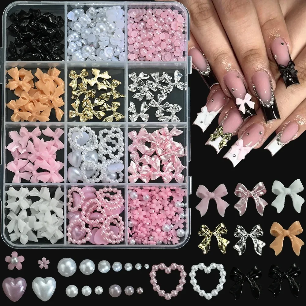 12Grids 3D Multi-Colors Ribbon Flower Nail Art Charms Simulated Perals Love,Metal Bowknot Nail Decoration DIY Manicure Accessory
