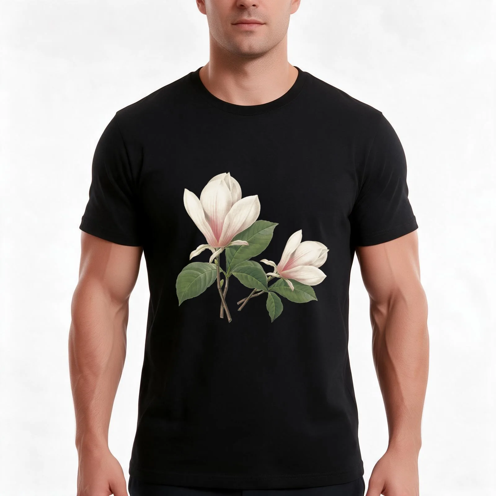 Vintage botanical art, elegantmagnolia flower. T-Shirt, Summer Casual Cotton Tee, Oversized Streetwear Tops, Unisex Men Women