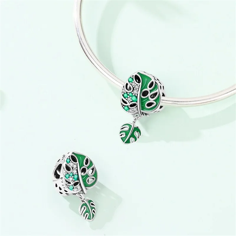 

925 Sterling Silver Rainforest Leaf Charms Beads Sparkling CZ Zircon Dangle Fit Original Bracelet DIY For Women Jewelry Gifts