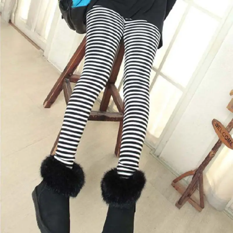 E15E Women Ankle Length Skinny Leggings Black White Horizontal Striped Pants Tights