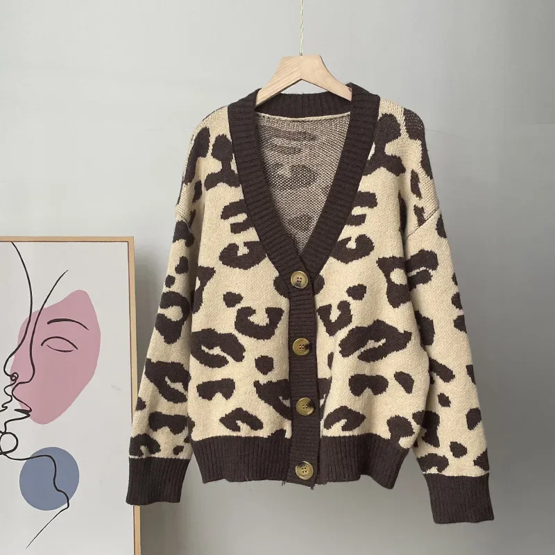 2024 Women Autumn Knitted Leopard Print V-Neck Cardigans Coat Long Sleeve Women Sweater Cardigans Coat