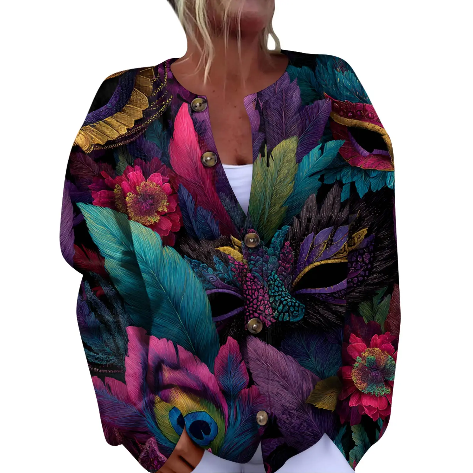 여성 패션 페스티벌 프린트 긴팔 니트 가디건 버튼 프론트 자켓 여성 코트 겨울용