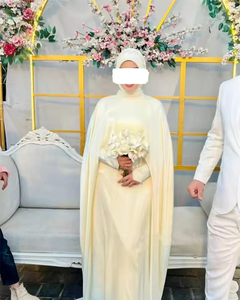 사용자 정의 겸손한 흰색 이슬람 웨딩 드레스 긴 소매 신부 드레스 높은 목 여자 신부 시민 신부 가운