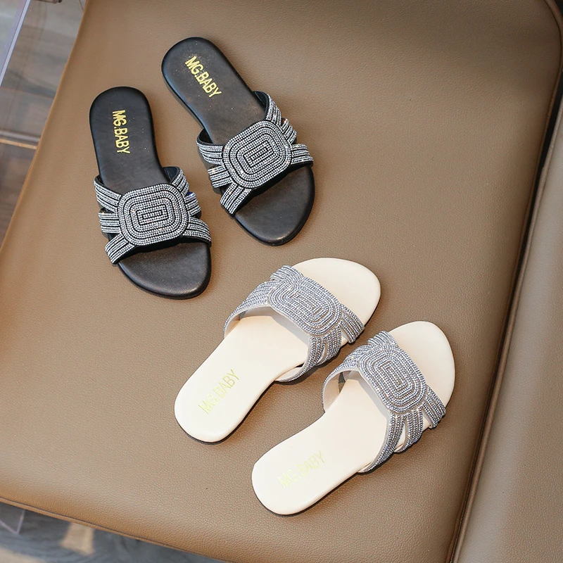 

Girl's Slippers Diamante Luxury Glimmer Soft Pu Leather Kids Sliders Black Biege Flat Leisure Vacation Children Sandals 26-36