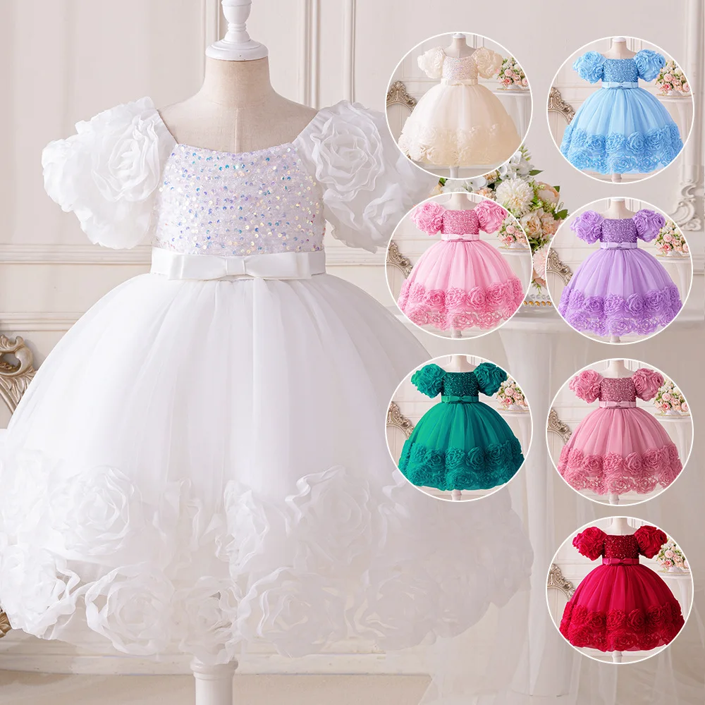 

Girls Elegant Dress Sequin Mesh Flower Dress Bow Gowns For Baby Girl's Clothing For Formal Wedding Birthday Party Photography