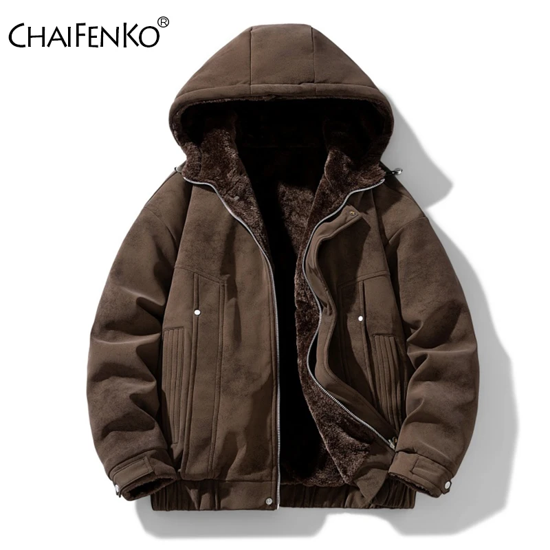 

New Men Fleece Hooded Jacket Winter Fashion Thicken Double Sided Wear Casual Coat Outdoors Keep Warm Solid Windproof Men Parka