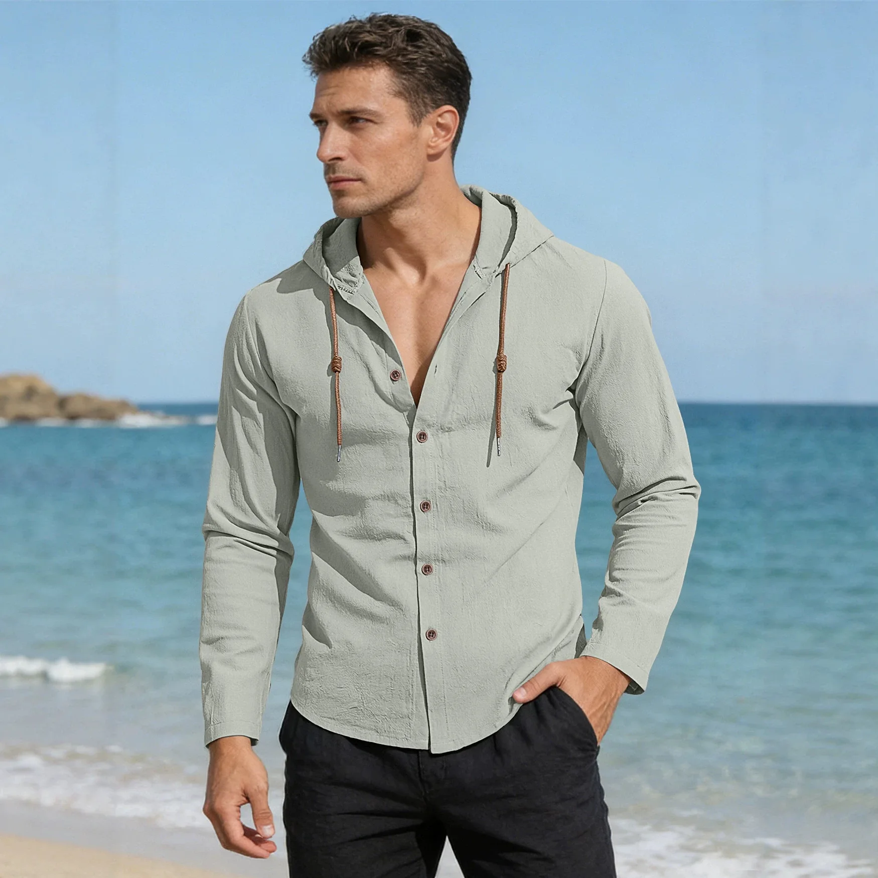 Men's Casual Long Sleeve Shirt Cotton T-Shirt Hooded Fashion Trend Versatile Loose Beach Sweater