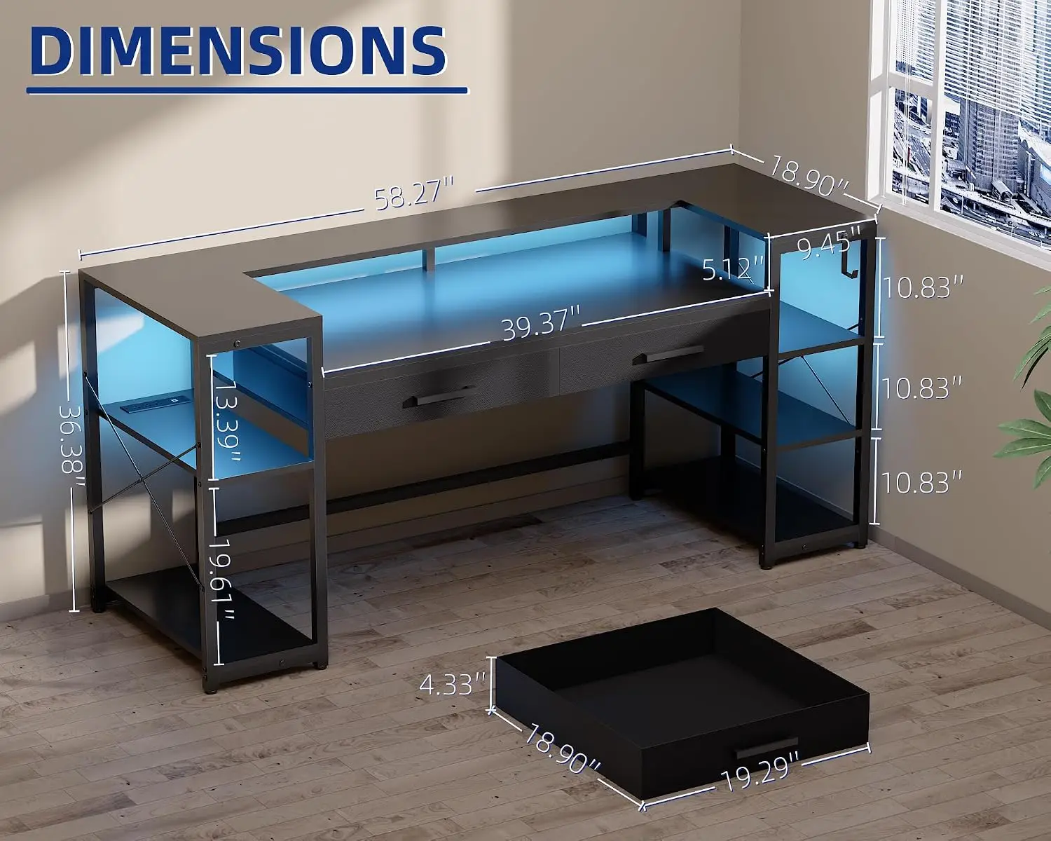 Brand new 58 Inch Gaming Computer Desk with Monitor Stand Drawers and Shelves