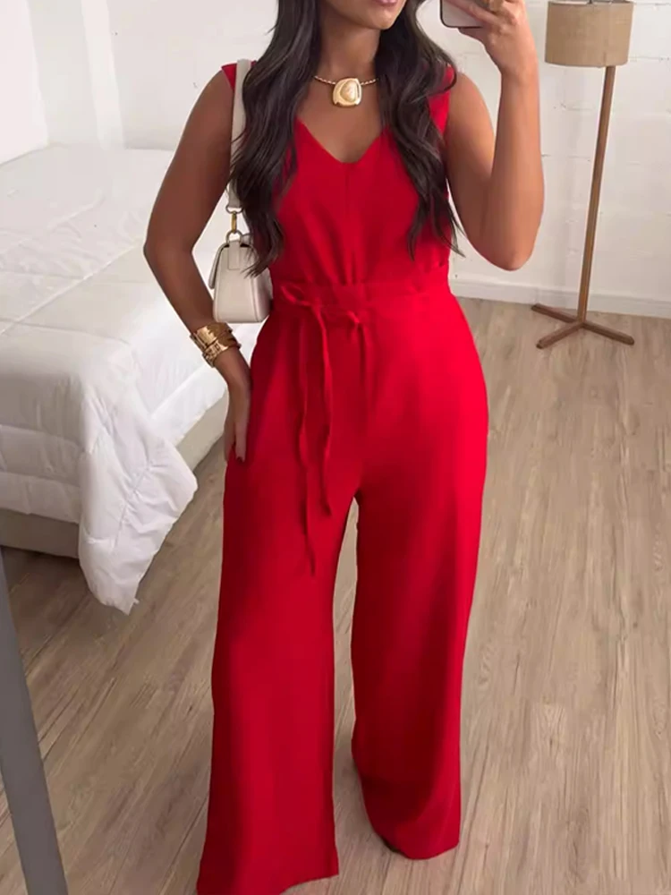 

Elegant High Waist Women Commute Playsuits Casual V-neck Sleeveless Halter Jumpsuit Summer Sexy Hollow Out Solid Lace Up Rompers