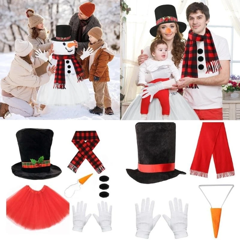 Kit costume pupazzo di neve Natale Inverno Costume gelido Cappello pupazzo di neve con gonne tutù Carota Naso Sciarpa Guanti Pompon Palle