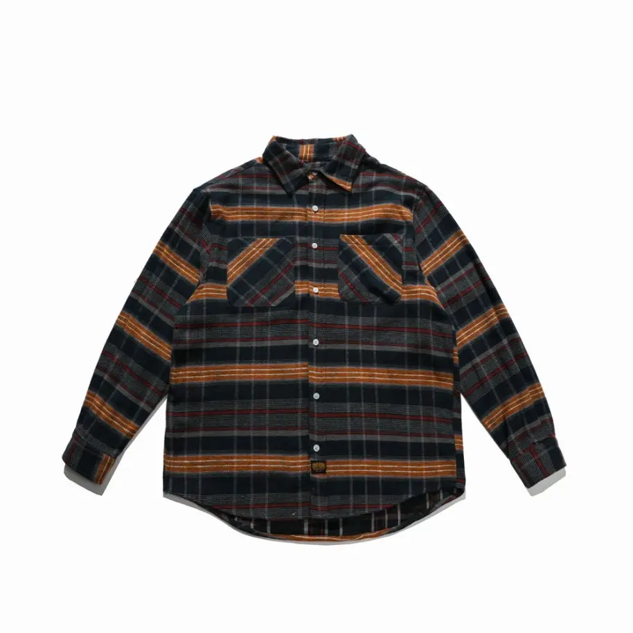 200G Mens 100% Cotton Autumn Shirt High Street Casual Plaid Long Sleeve Shirts Navy Blue Turn-down Collar Oversized Pocket Top