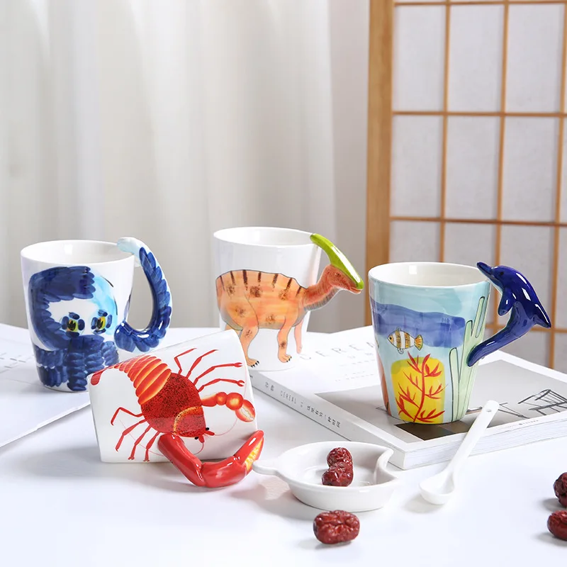 New European Style Cartoon Dinosaur Ceramic Tea Cup 3D Alien Animal Coffee Mug Birthday Gift Home Office Decorative Novelty Cup