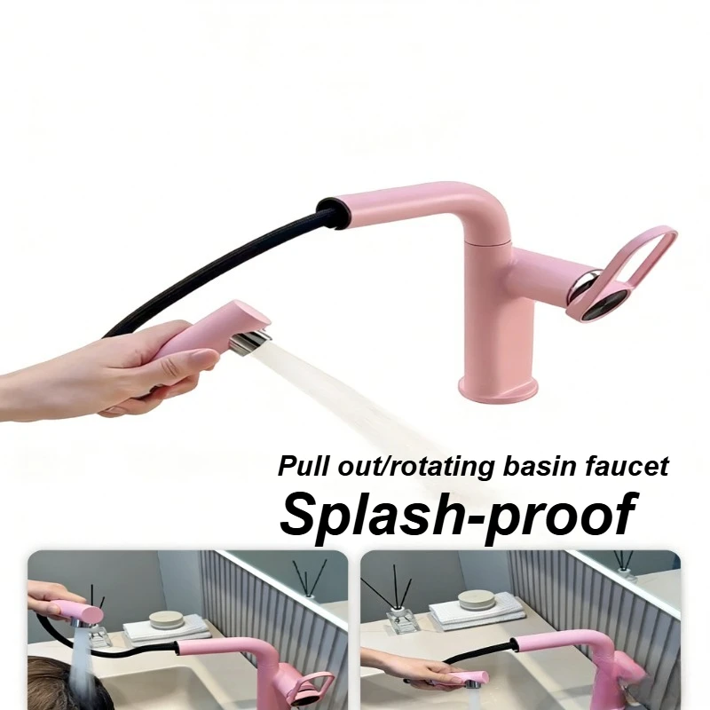 Pull Out Swivel Basin Faucet Hot Cold Mixer Bathroom Sink Tap Anti-splash Deck Mounted