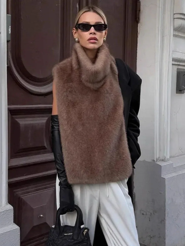 

ZADORIN High Quality Woman Faux Fur Vest Turtleneck Mink Coat Chic Sleeveless Loose Waistcoat Fashion Fur Top Short Vests Jacket