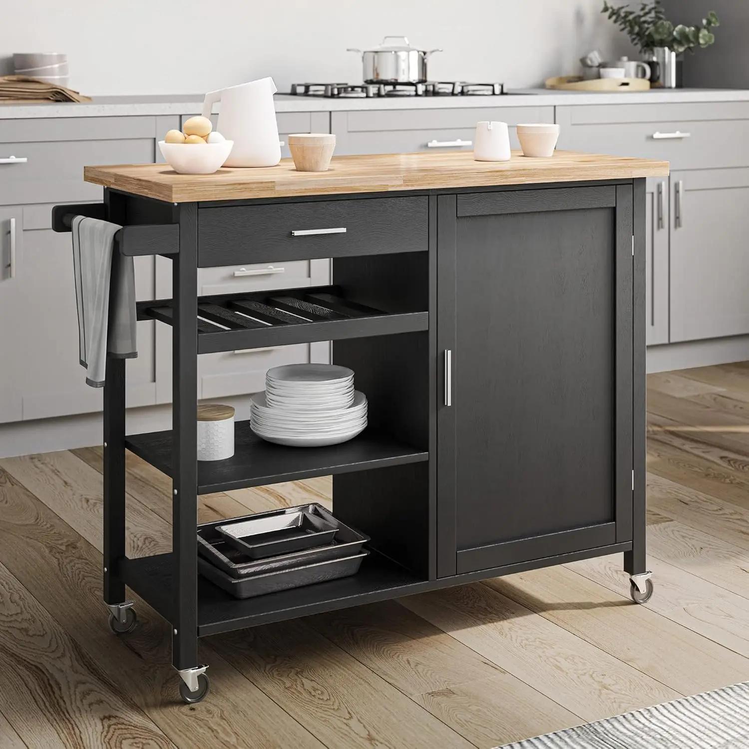 

Modern Rolling Kitchen Island Utility Cart with a Drawer, Storage Cabinet, Handle Towel Rack, Rubber Wood Top, and Cast